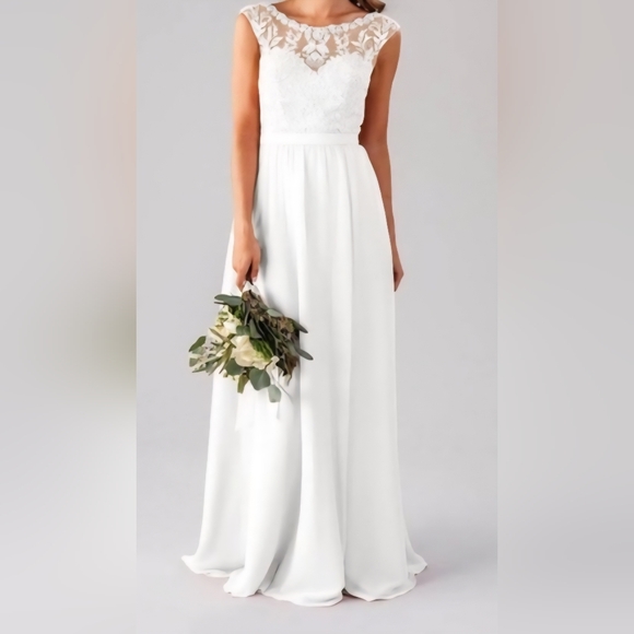 Kennedy Blue Dresses & Skirts - NEW Kennedy Blue Kinsley WHITE Formal Gown Lace, beading, pockets,slit sz 14